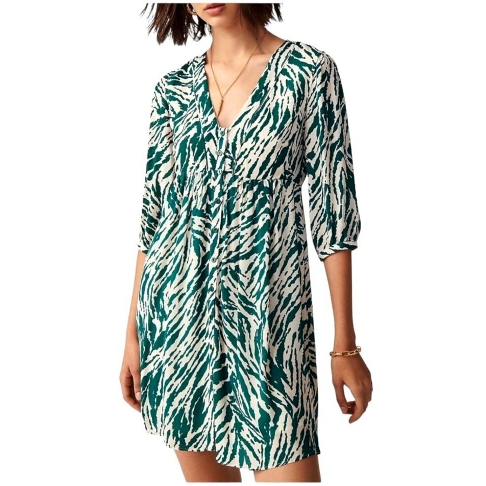 Ba&sh Dress Women Medium Green Ivory Vuzy Abstractβ Print Button Down Mini Boho